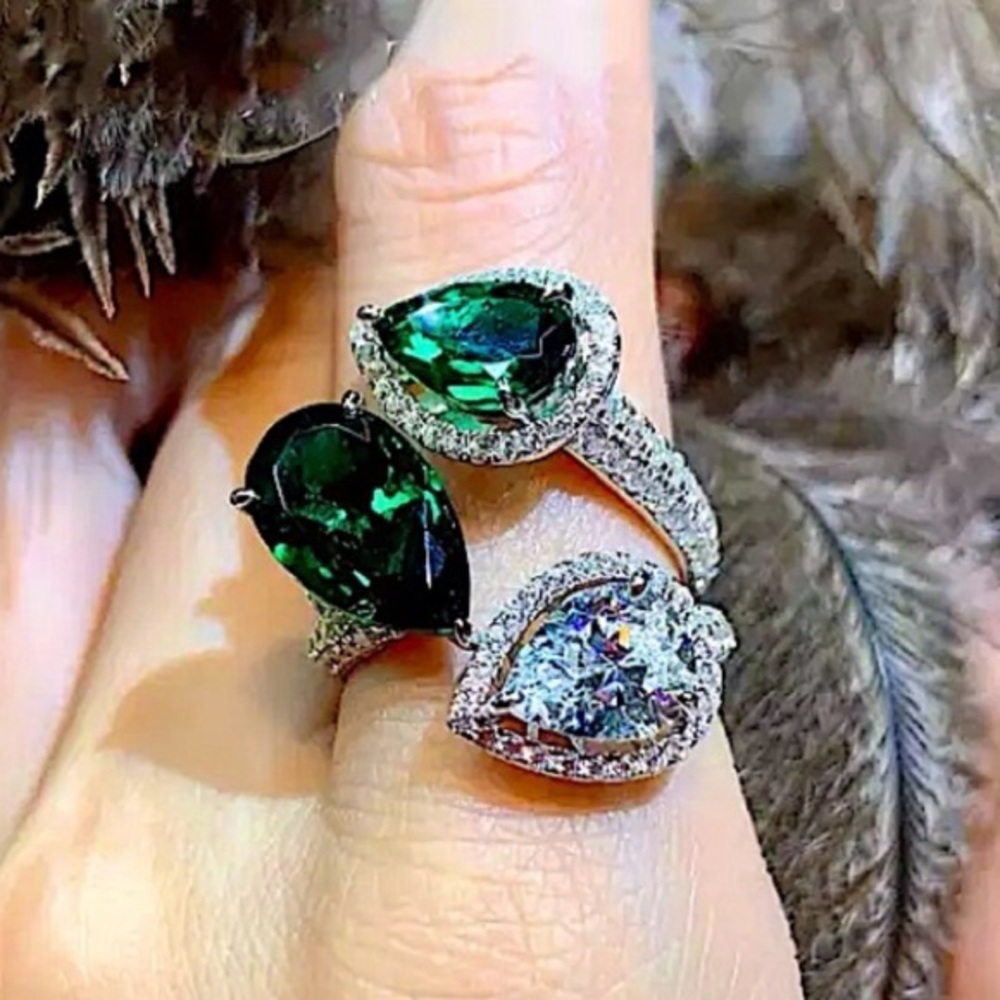 Emerald Green Sterling Silver Zircon Leaf Ring